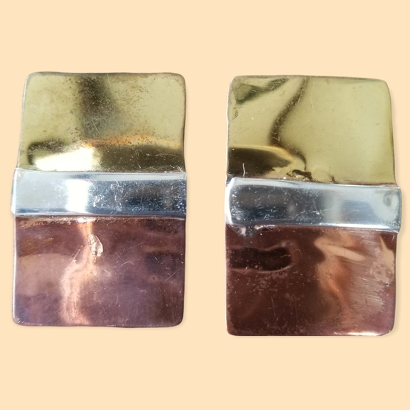 Vintage Artisan Designed Hand Crafted Tr-Tone Metal Post Style Pierced Earrings - Picture 7 of 8